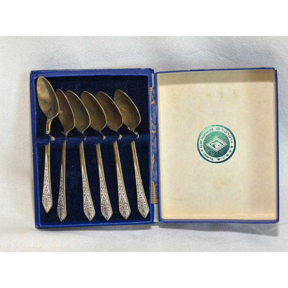 Bangkok Arts & Crafts Vintage Brass Enamel Demitasse Spoon Set of 6 Thailand